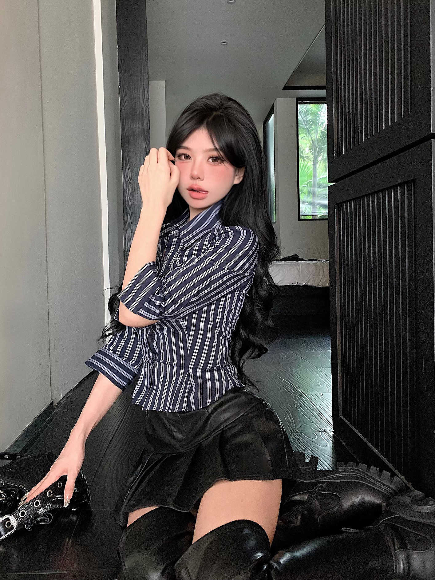 Striped Long Sleeve Polo Collar Shirt Women Slim Fit Cinched Blouse