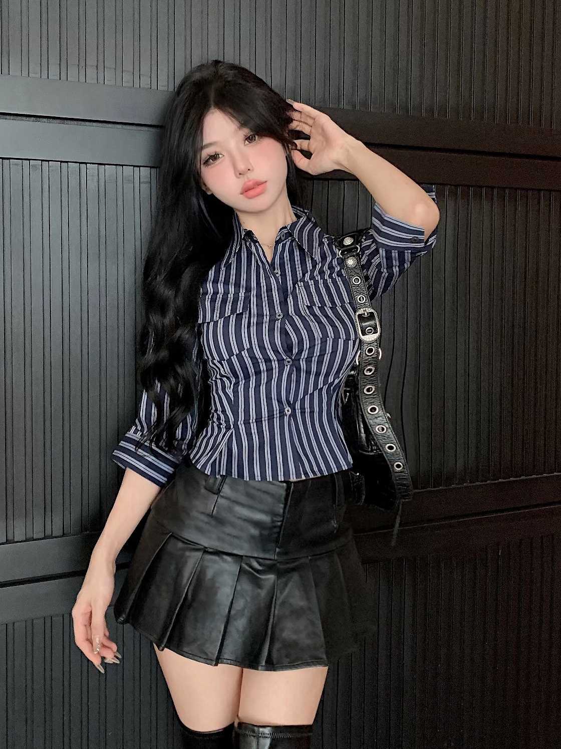 Striped Long Sleeve Polo Collar Shirt Women Slim Fit Cinched Blouse