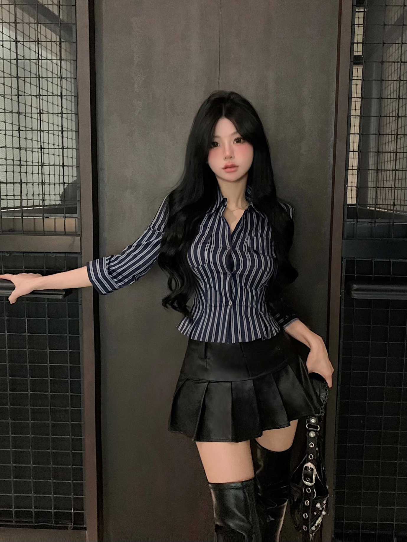 Striped Long Sleeve Polo Collar Shirt Women Slim Fit Cinched Blouse