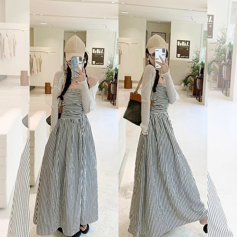 Tube Top Contrast Color Striped Shirt Dress Women's Summer