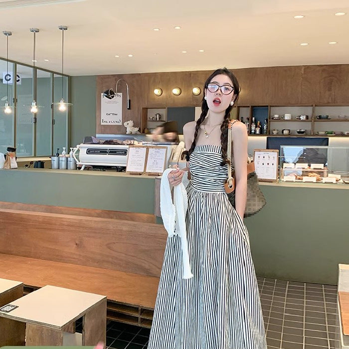 Tube Top Contrast Color Striped Shirt Dress Women's Summer