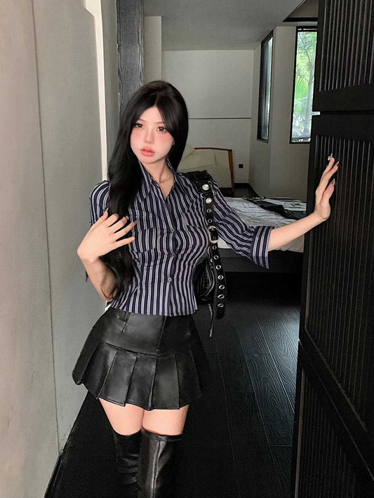 Striped Long Sleeve Polo Collar Shirt Women Slim Fit Cinched Blouse