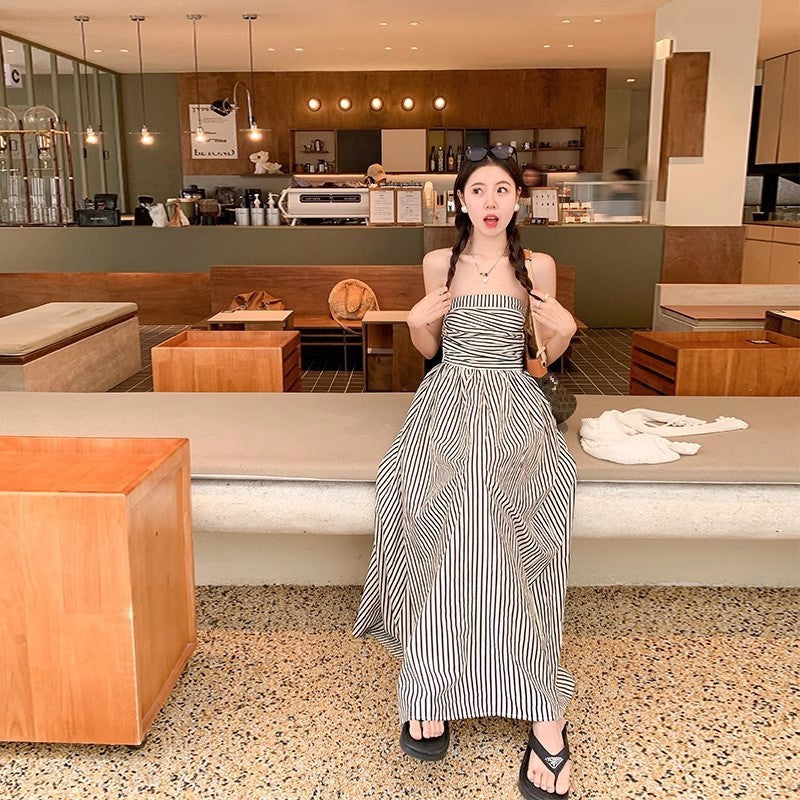 Tube Top Contrast Color Striped Shirt Dress Women's Summer