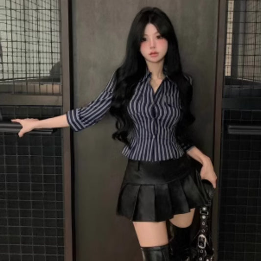 Striped Long Sleeve Polo Collar Shirt Women Slim Fit Cinched Blouse